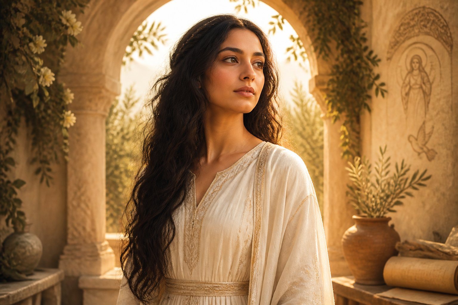 Retrato de uma jovem mulher com expressão calma, vestindo um vestido branco simples, em um cenário com luz dourada suave e elementos naturais ao fundo.