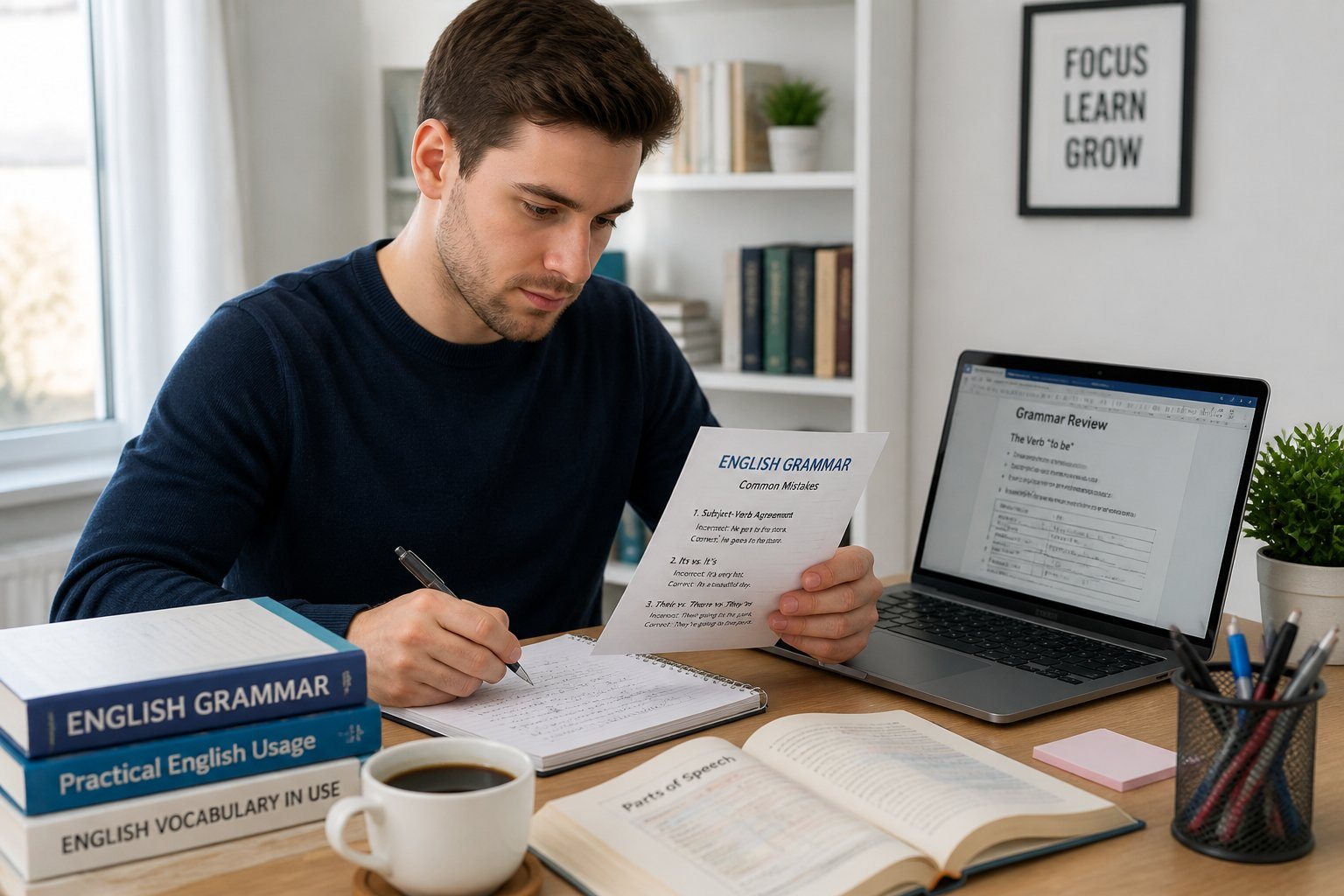 Pessoa estudando gramática sentada em uma mesa organizada, com livros e laptop, em um ambiente de estudo iluminado.