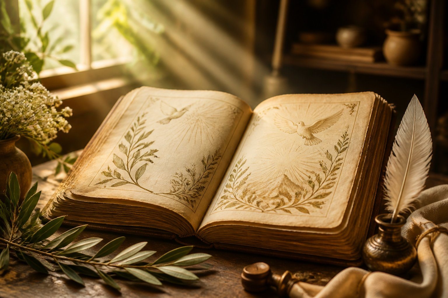 Livro antigo aberto sobre mesa de madeira com flores brancas e pena, luz suave entrando pela janela.