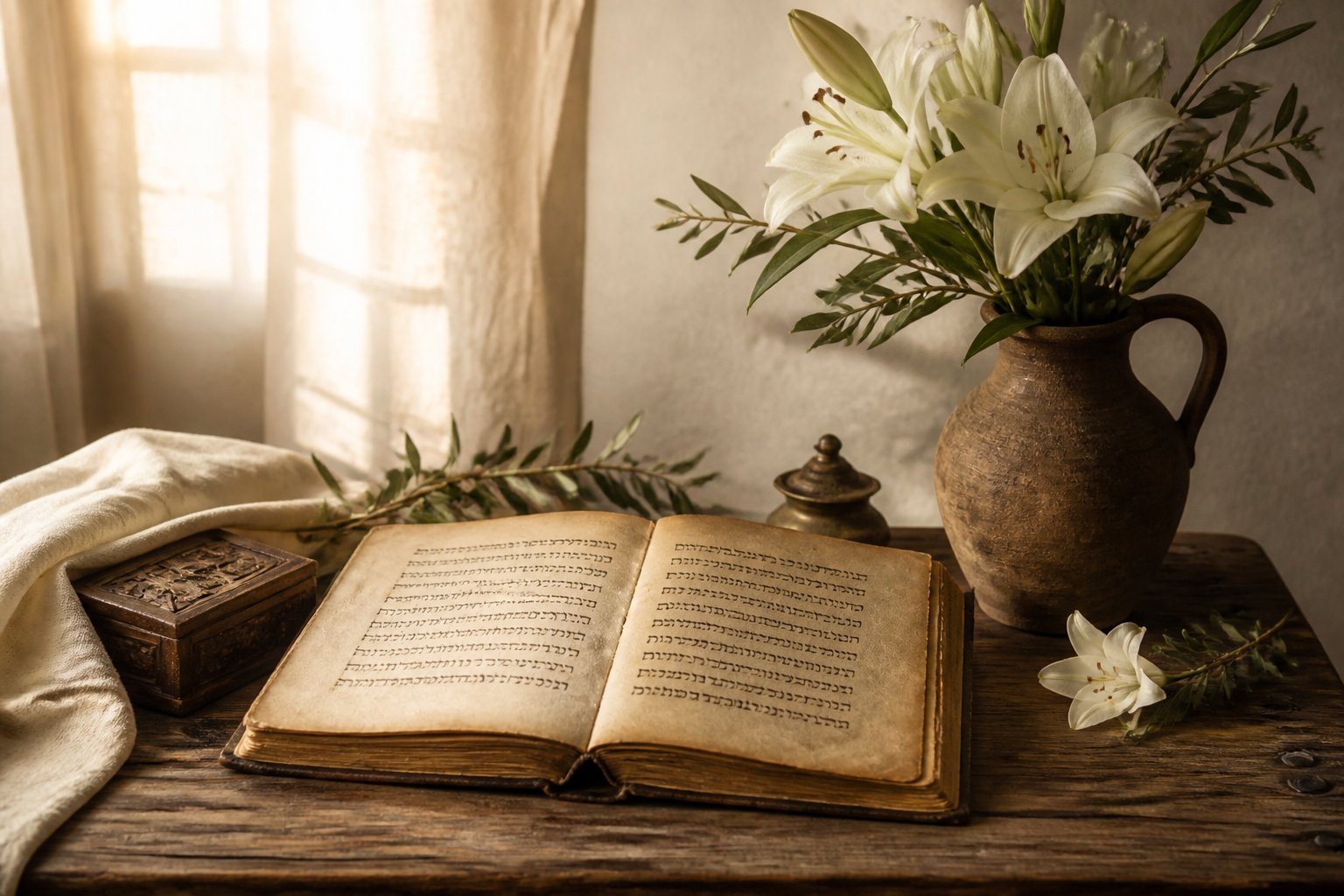 Mesa de madeira com um livro antigo aberto mostrando escrita hebraica, cercado por flores brancas e ramos de oliveira, com luz natural suave ao fundo.