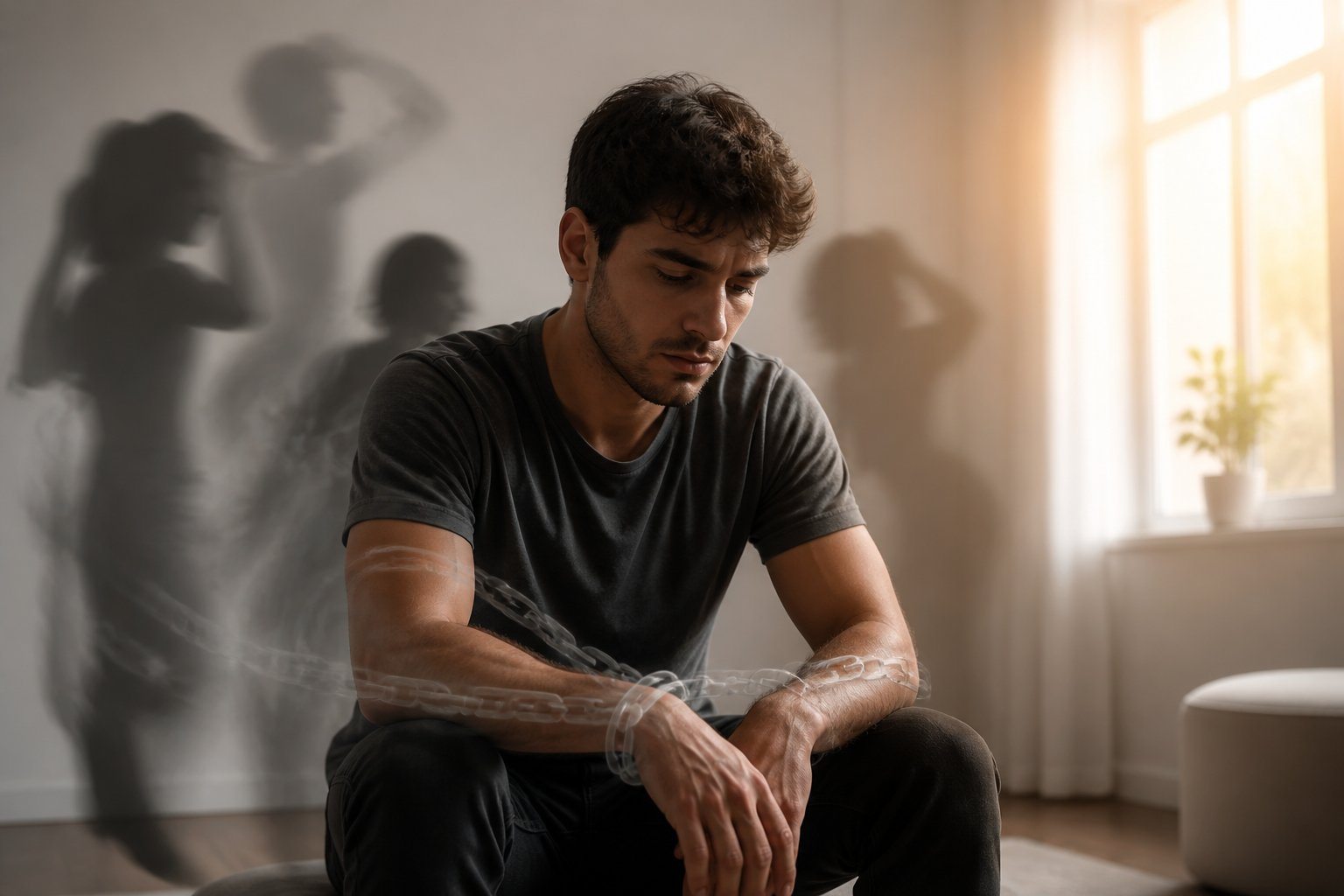 Pessoa sentada sozinha em um quarto, com expressão pensativa e levemente preocupada, com correntes translúcidas envolvendo os pulsos simbolizando amarração.