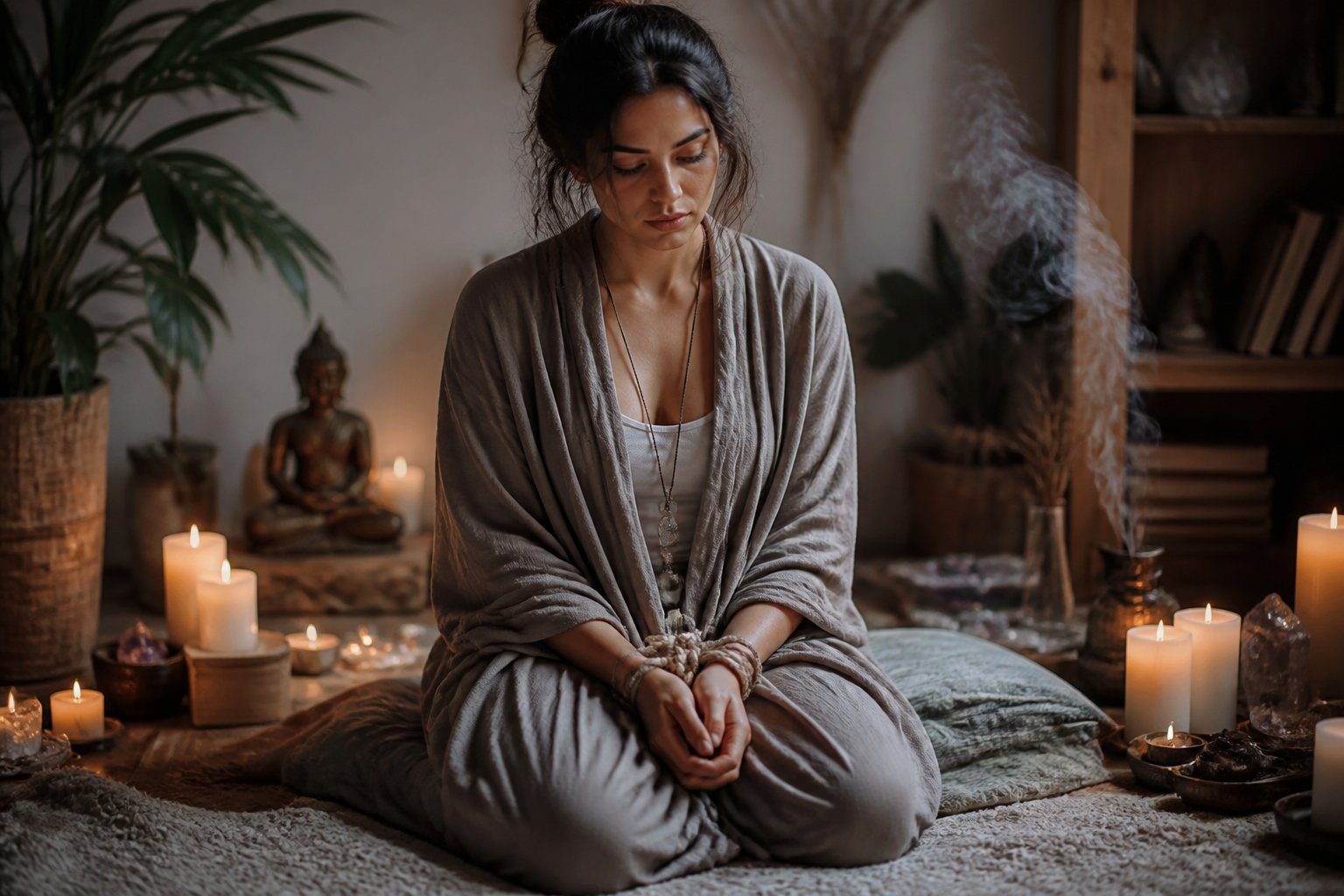 Pessoa sentada em um ambiente tranquilo com velas e cristais, em uma postura pensativa e calma, transmitindo reflexão espiritual.