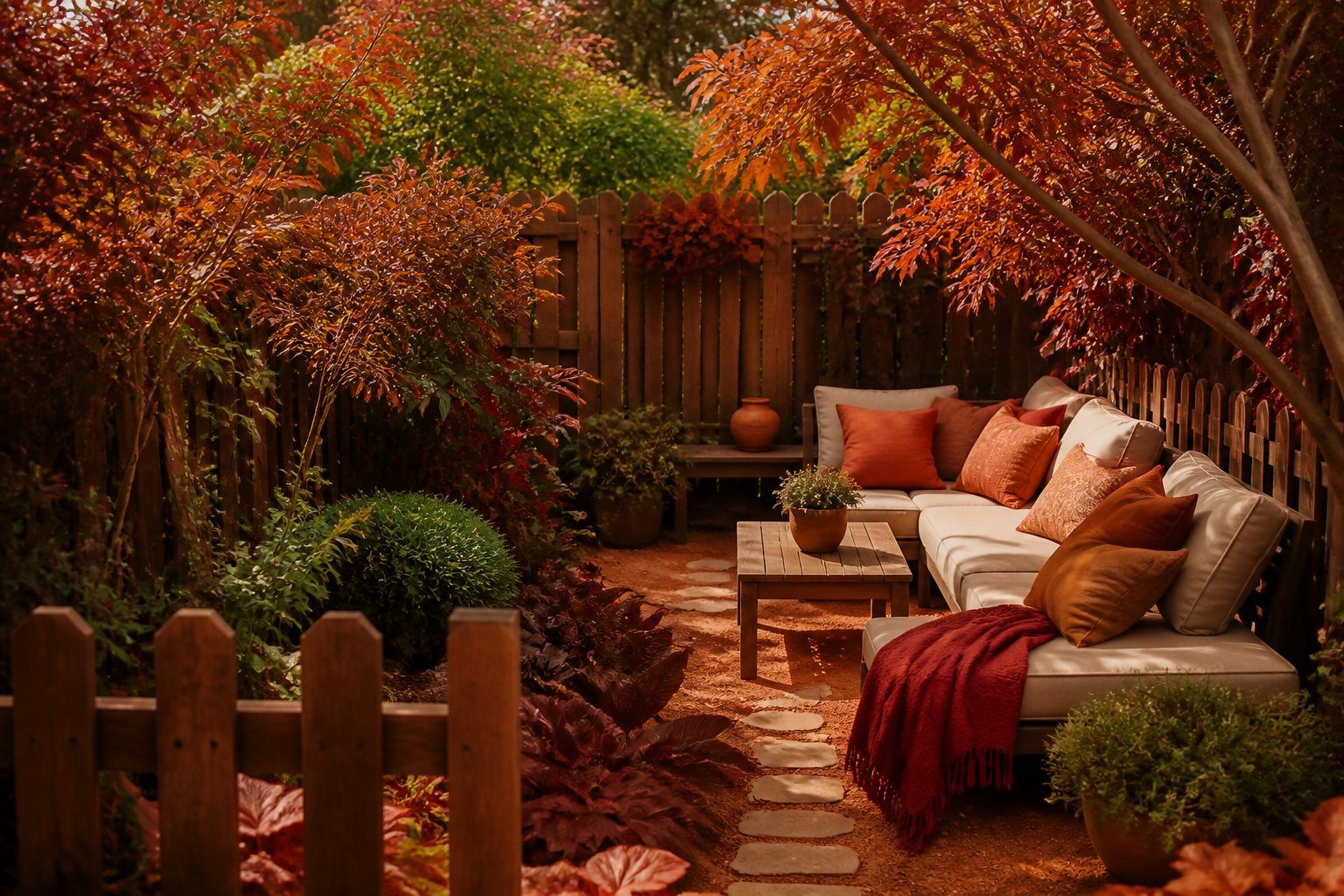 Espaço externo privativo com jardim e folhagens vermelhas, cercado por uma pequena cerca de madeira, com área de estar aconchegante e luz natural suave.