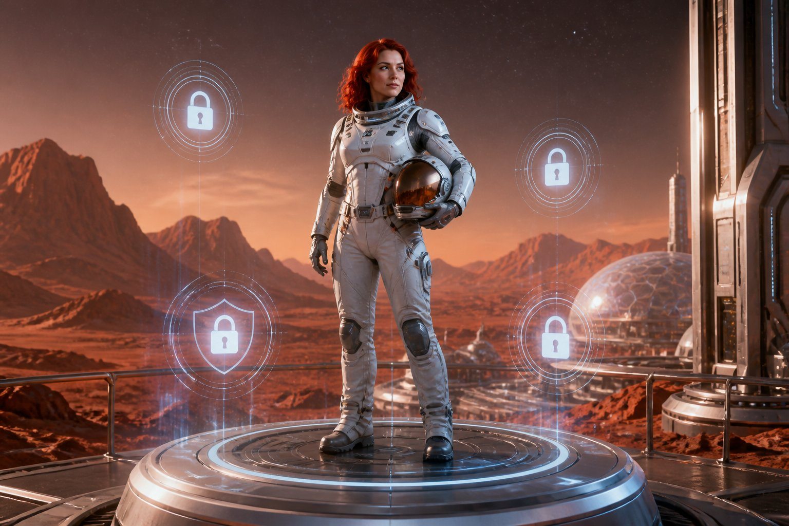 Uma astronauta ruiva em uma plataforma tecnológica avançada em Marte, cercada por ícones holográficos que representam privacidade.
