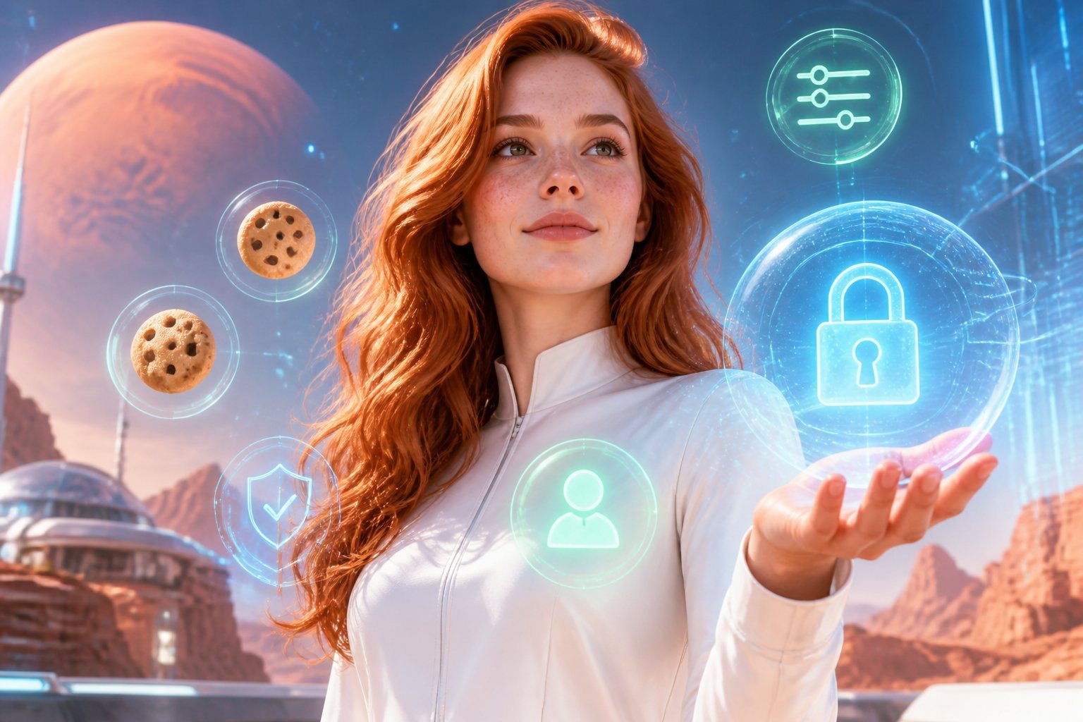 Mulher ruiva em ambiente digital futurista com ícones flutuantes de privacidade, cookies e personalização, com um fundo que mistura elementos cósmicos e tecnológicos.