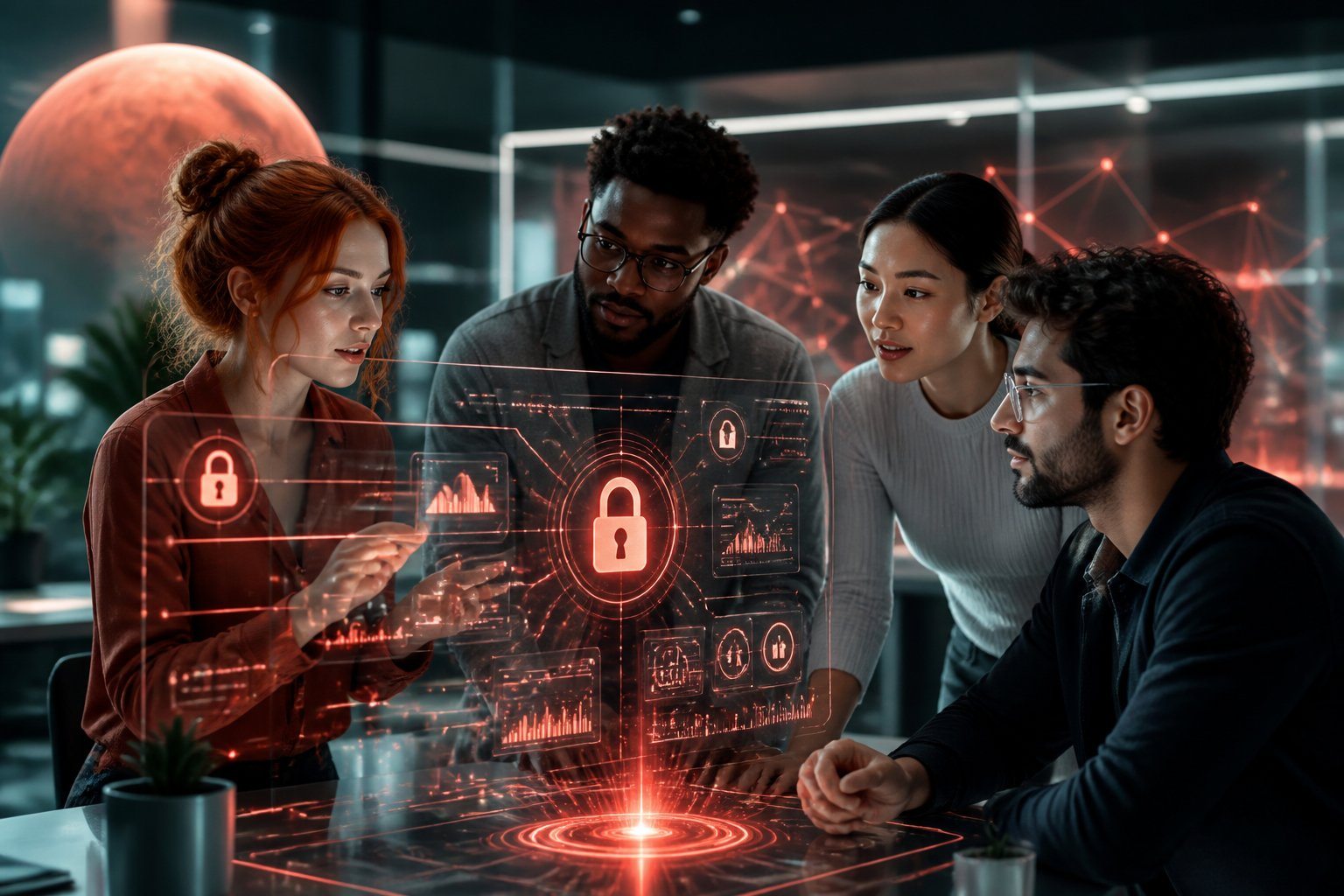 Jovens profissionais colaborando em um escritório moderno com telas digitais transparentes mostrando dados e ícones de segurança em tons avermelhados.