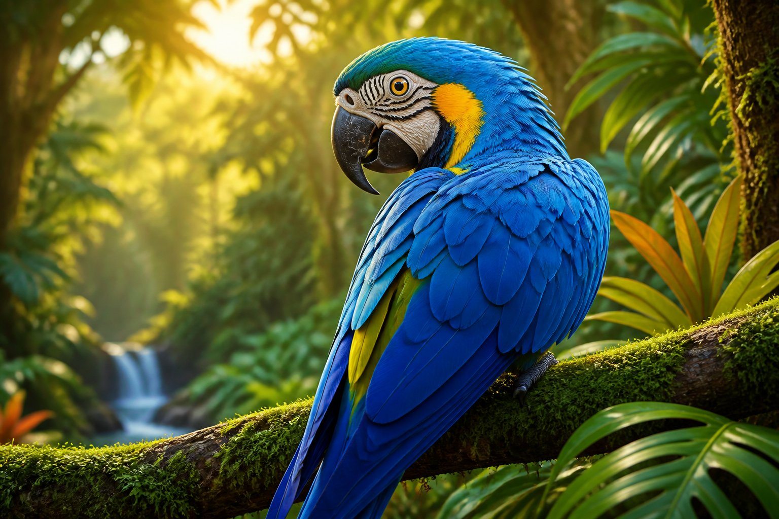 Uma arara azul vibrante pousada em um galho verde em meio a uma floresta tropical iluminada pela luz do sol.